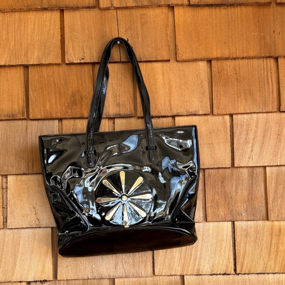 Isaac Mizrahi Black Patent Tote with Gold Sunburst Accent